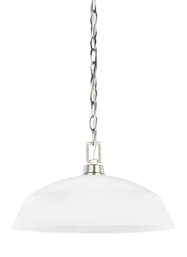 a white light hanging from a chain on a ceiling mounted fixture with an oval glass shade