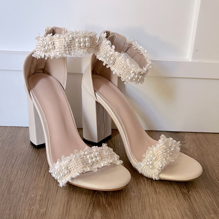 Love These Shoes! They Seem To Run True To Size Because I’m A 6 ½ And They Were About ½ Size Too Big Which Is By I Never Wore Them. Perfect For An Engagement, Shower, Wedding, Bachelorette Party, Etc Summer Pearl Embellished Block Heel Heels, Spring Pearl Embellished Heels With Round Toe, Spring Pearl Embellished Round Toe Heels, Pearl Embellished High Heel Wedding Shoes For Spring, Pearl-embellished High Heel Wedding Shoes For Spring, Spring Pearl Embellished Block Heels, Pearl Embellished Low Heels For Summer, Embellished Ankle Strap Wedding Shoes For Spring, Spring Embellished Ankle Strap Wedding Shoes