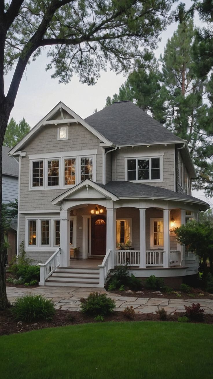 a large gray house with white trim on the front porch and stairs leading up to it