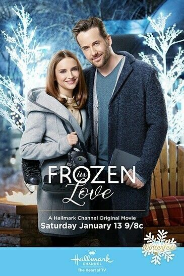 a man and woman standing next to each other in front of a christmas scene with the words frozen love