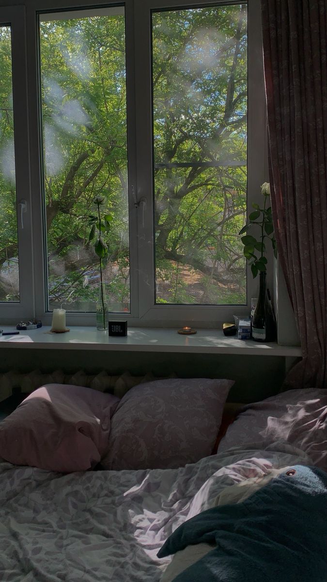 there is a bed with pink sheets and pillows in front of large windows that look out onto the woods