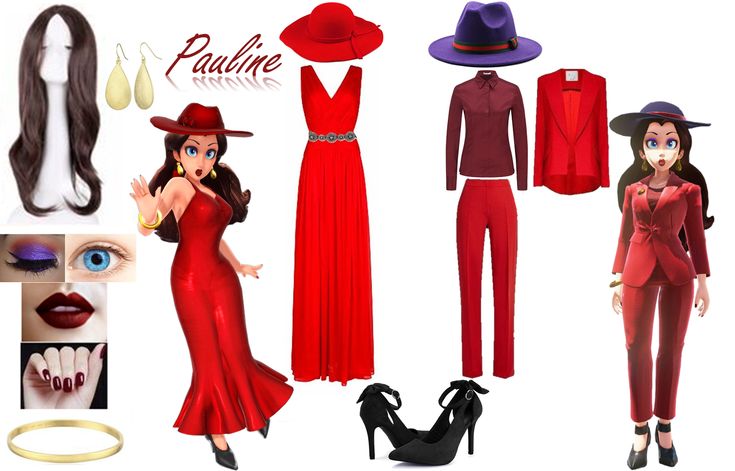 a woman in a red dress and hat next to other women's clothing, shoes and accessories