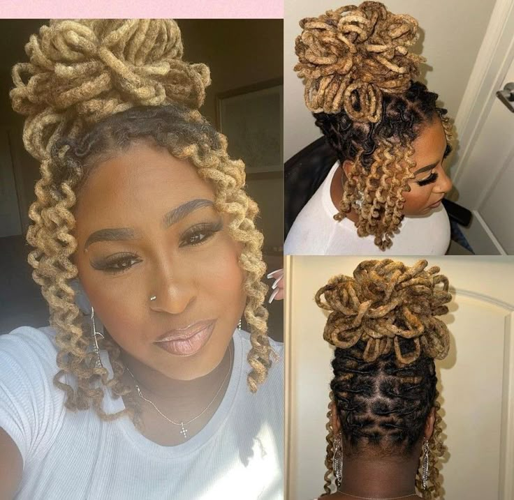 Loc Hair Styles For Wedding, Pedal Locs Style, Female Loc Updo Styles, Halo On Locs, Locs With Added Ponytail, Updo Hairstyles With Locs, Locks Updo Styles, Curly Loc Updos For Women, Long Loc Styles Women Easy