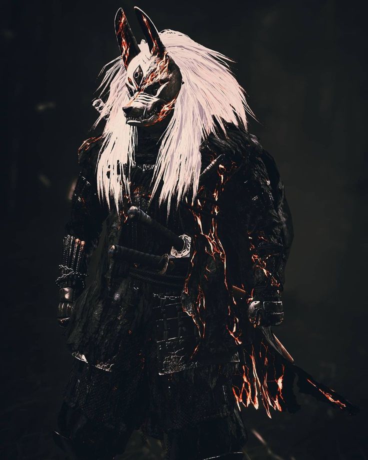 a demonic looking creature with white hair and black armor, standing in the dark night