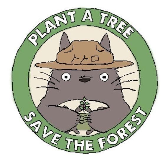 the logo for plant a tree save the forest with a cat wearing a hat and holding a twig