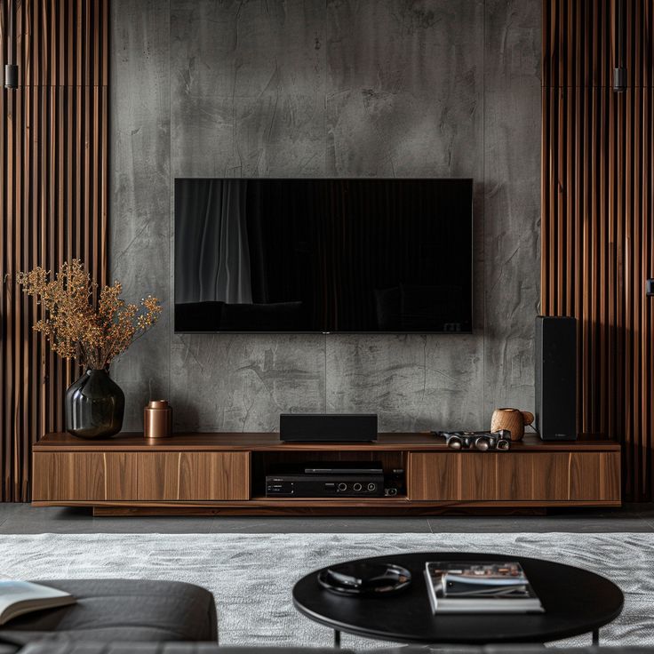 a living room with a large television on top of a wooden entertainment center next to a black coffee table