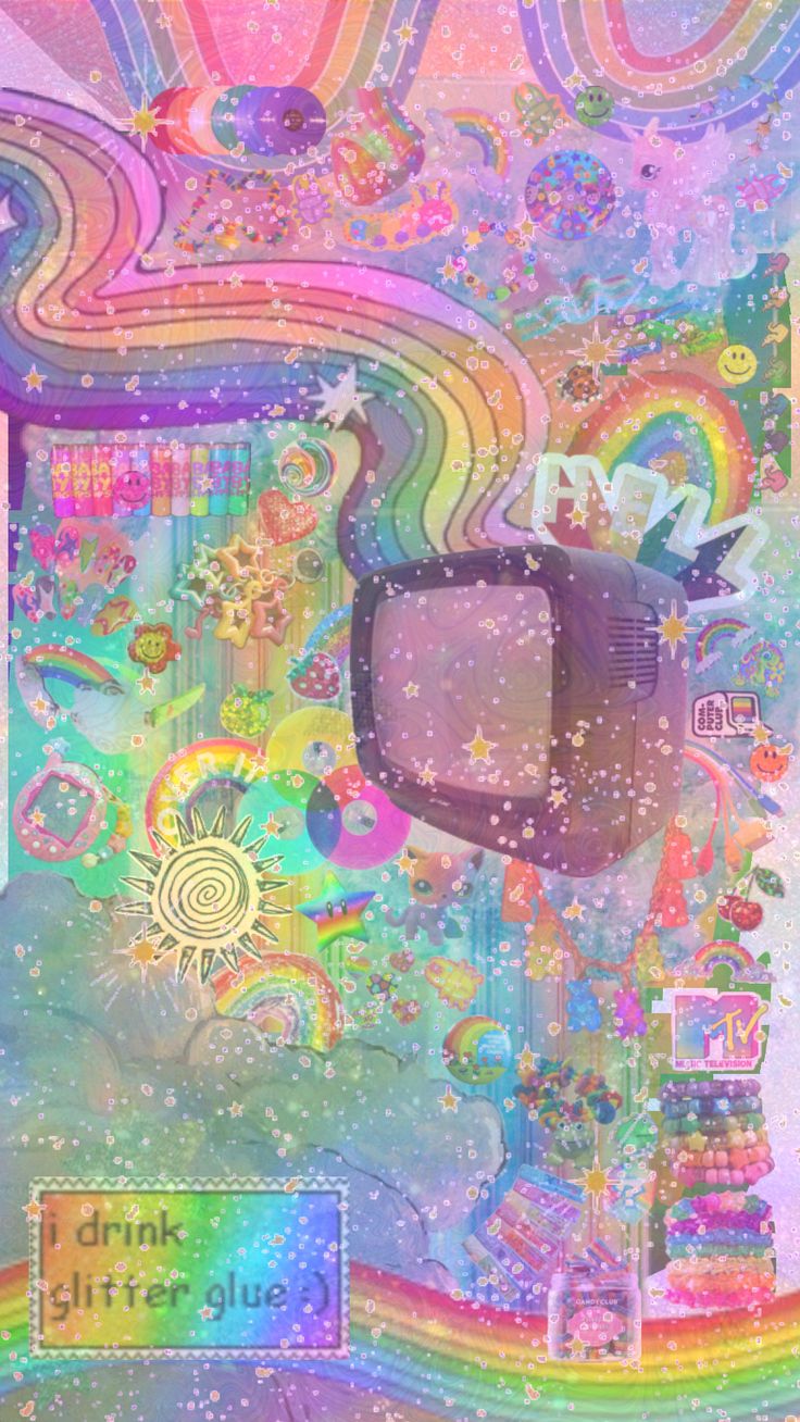 an abstract painting with rainbows, stars and shapes in the background is a tv