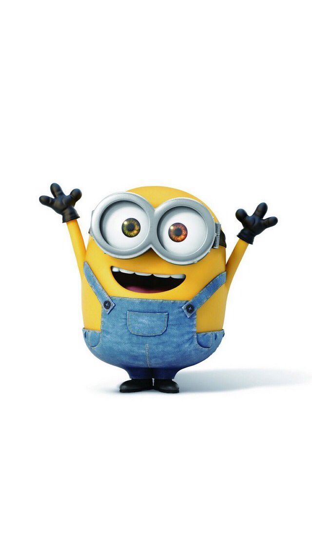 a minion in overalls with his hands up