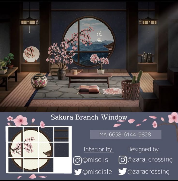 an advertisement for a japanese living room with cherry blossoms on the window sill and in front of a circular mirror