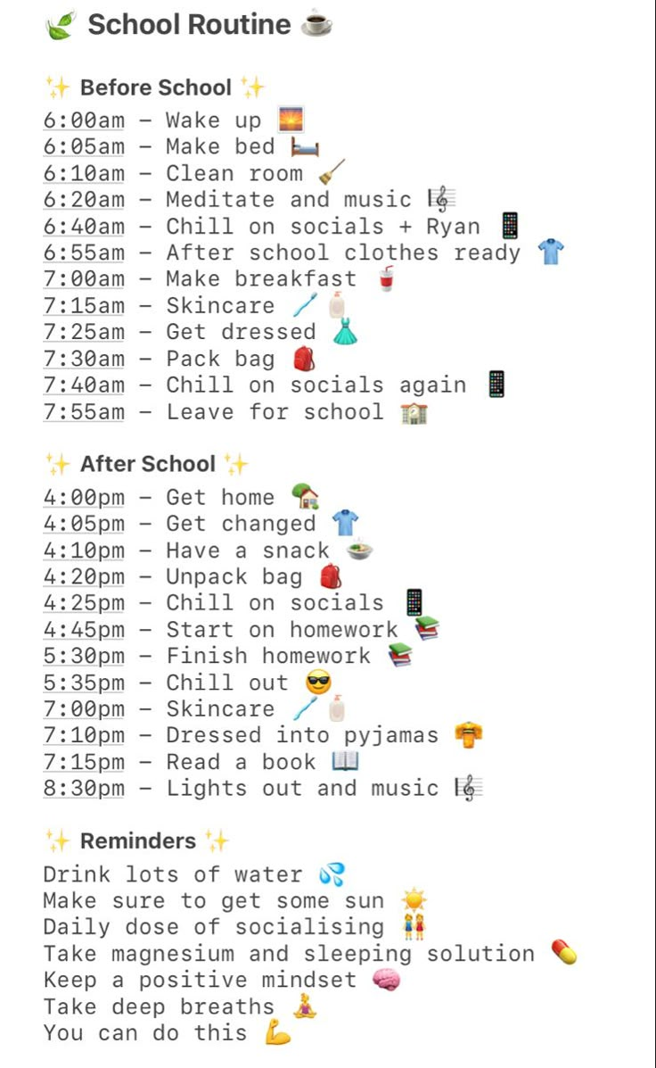 Ideal Morning Routine For School, Schedule For The Day Daily Routines, Best School Routines, Morning Routines For School 7am, Daily Routine With School, Week Day Schedule, Cute Morning Routine List, School Daily Routine Schedule, Back From School Routine