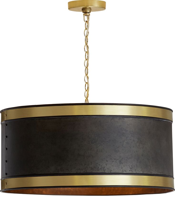 a black and gold drum chandelier hanging from a ceiling fixture with chain links