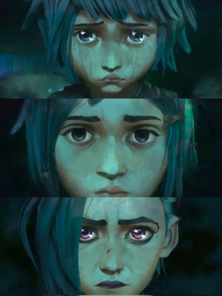 three different images of the same person with blue hair and green eyes, one is staring at