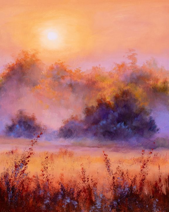 a painting of the sun setting over a field with tall grass and trees in the foreground