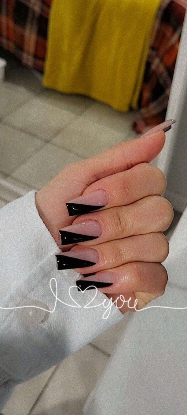 Nails, slanted French, half tip, black nail tip. Black Side French Nails, Corner French Tip Nails, Slant French Tip Nails, Split Color French Tip Nails, Half French Nail Design, Different Type Of French Tip Nails, Half Nail French Tip, Green And Black French Tip Nails, Half Tip Nails