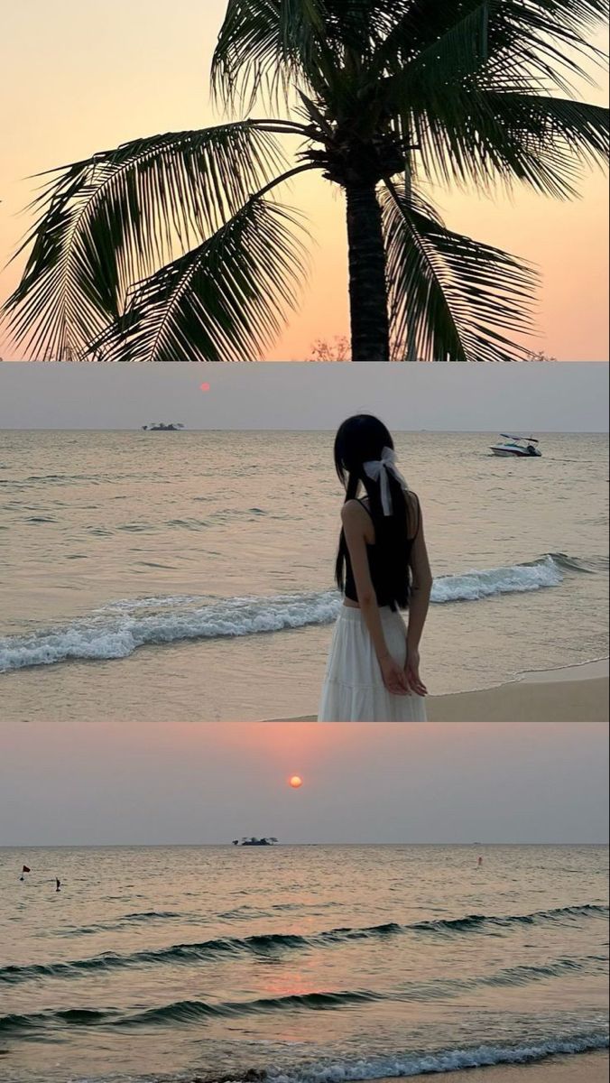 a woman standing on top of a beach next to the ocean at sunset and palm tree