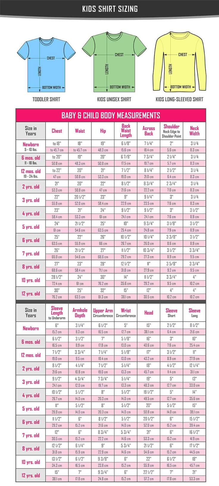 the size chart for kids's shirts