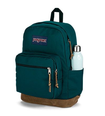 the jansport backpack is green with brown trim and has a water bottle in it