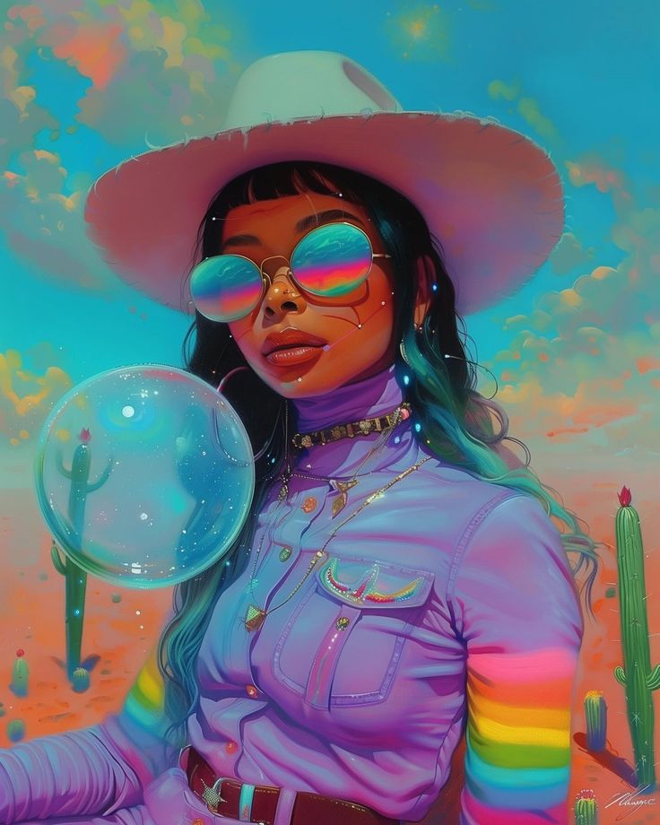 a painting of a woman in a hat and sunglasses holding a soap bubble with rainbows on her face