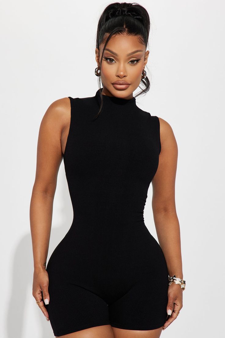 Available In Sand, Black, And Magenta. Romper Sleeveless High Neck Back Zip Closure Compression Rib Stretch 82% Rayon 18% Spandex Imported | Amber Snatched Romper in Black size Large by Fashion Nova High Waist Jumpsuit, Stephanie Rao, Gal Gadot Wonder Woman, Solid Color Jumpsuits, Flare Jumpsuit, Summer Workout, Black And Cream, Sleeveless Jumpsuits, Gal Gadot