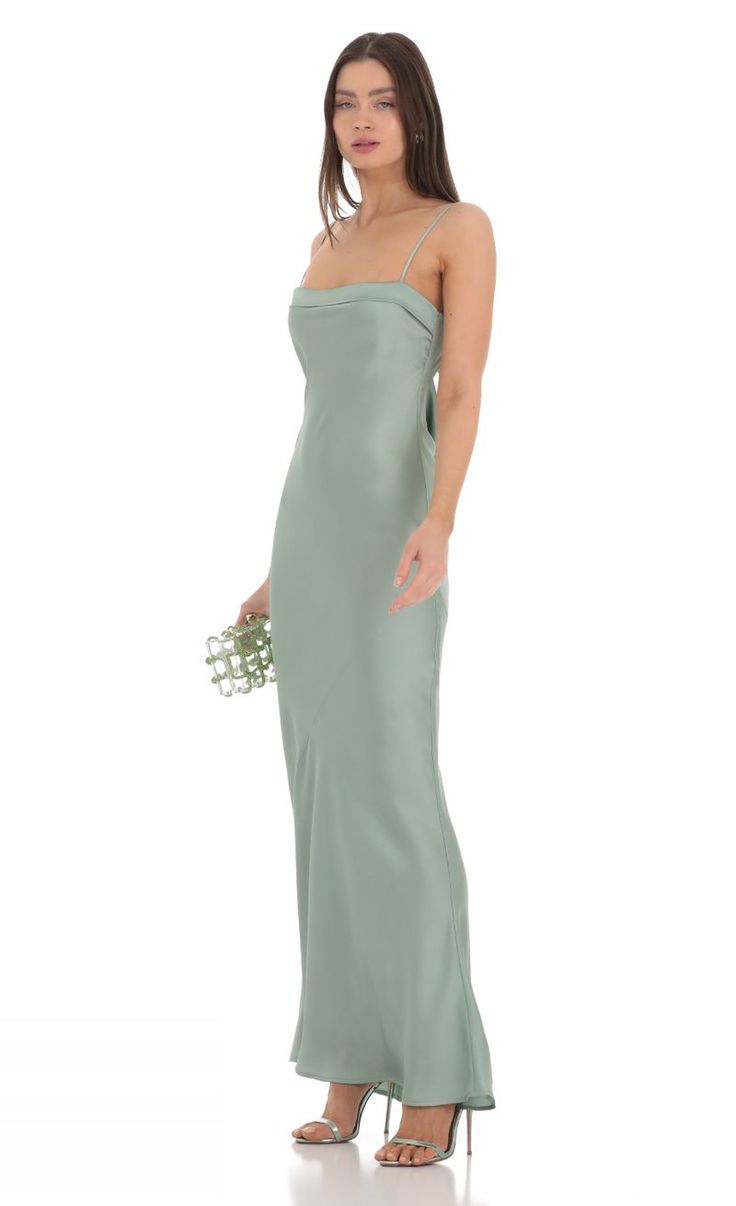 Satin Open Back Maxi Dress in Sage | LUCY IN THE SKY Sage Long Dress, Light Sage Green Bridesmaid Dresses, Safe Green Dress, Satin Sage Green Dress, Sage Green Wedding Guest Dress, Moh Dress, Sage Green Bridesmaid Dresses, Sage Bridesmaid Dress, Attire Guide