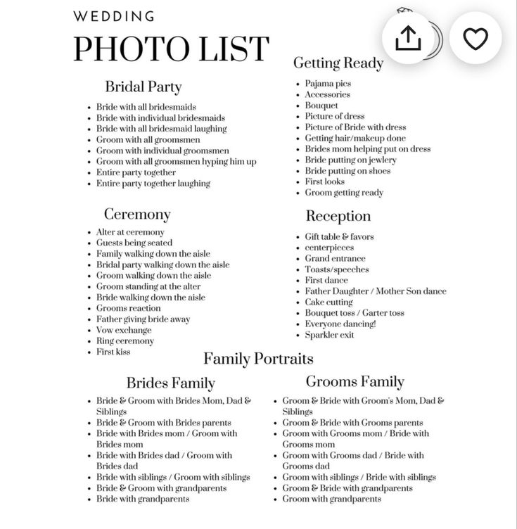 the wedding photo list is shown in black and white