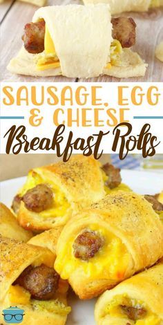 sausage, egg and cheese breakfast rolls on a white plate with text overlay that reads sausage eggs and cheese breakfast rolls