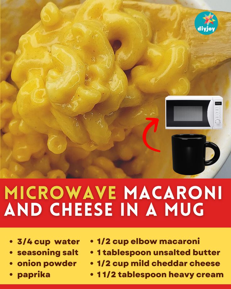 microwave macaroni and cheese in a mug with instructions on how to use it