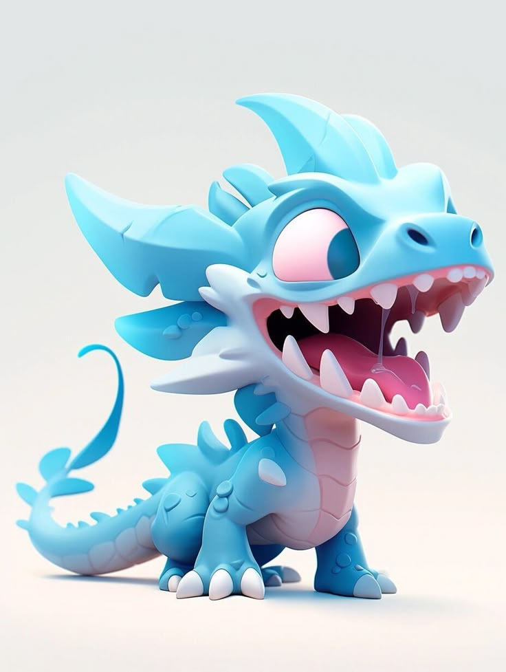 a blue toy dragon with its mouth open and teeth wide open, on a white background