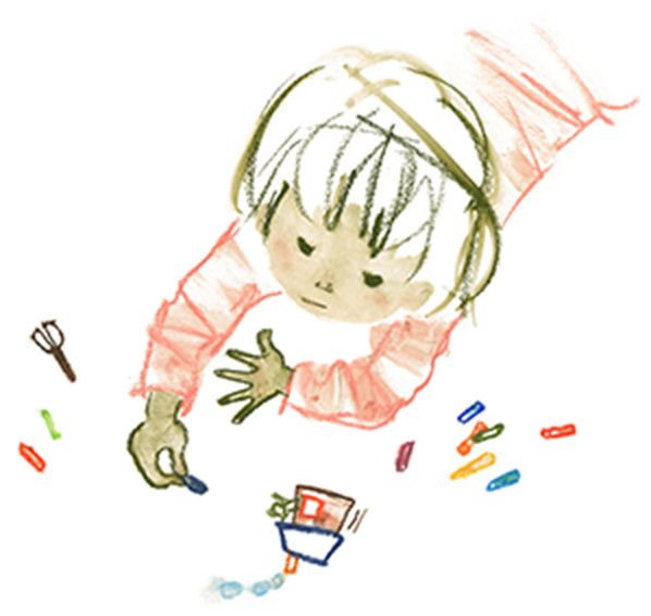 a drawing of a child playing with crayons