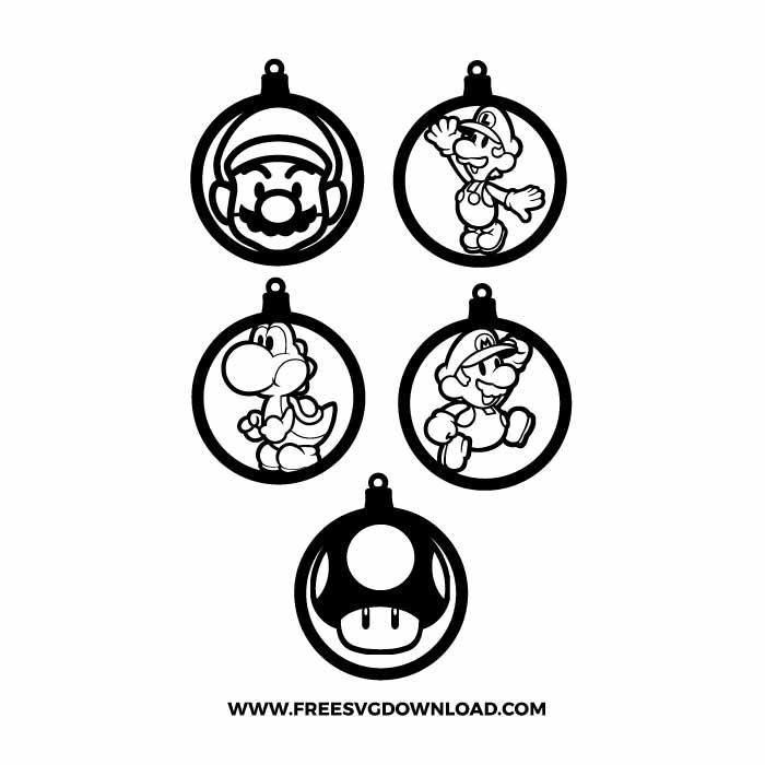 four ornaments with mario and luigi on them, each decorated in black and white ink