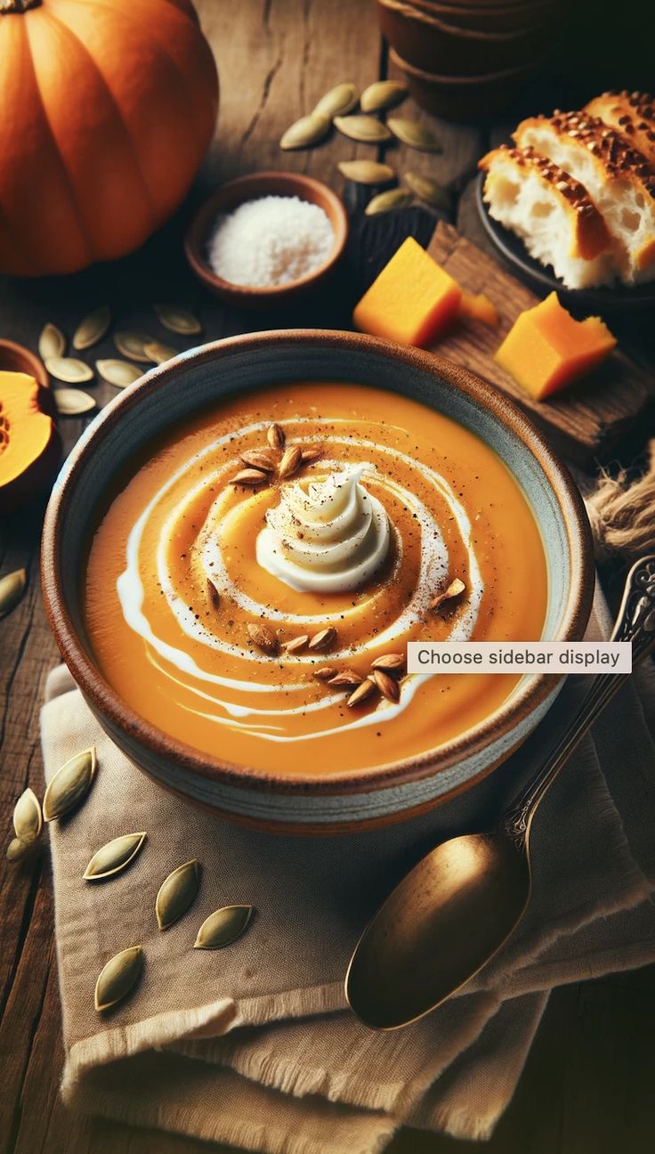 a bowl of pumpkin soup with whipped cream and pumpkins in the background on a wooden table