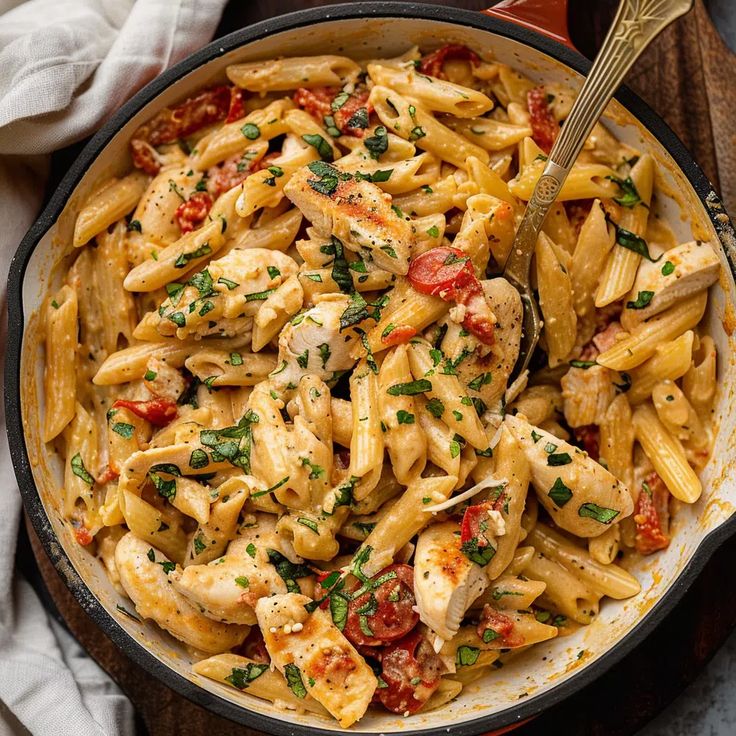 a skillet filled with pasta and chicken