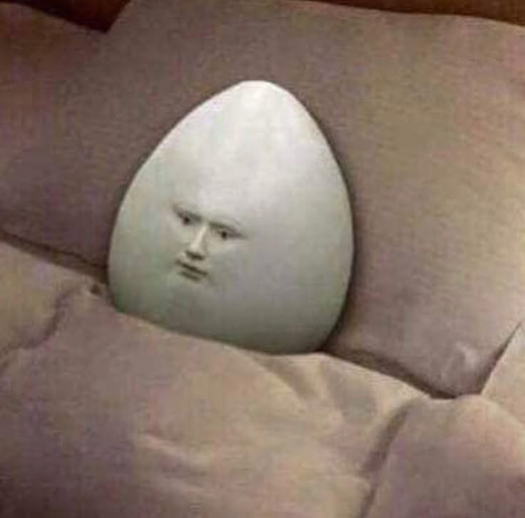 an egg with a face is in the middle of a bed