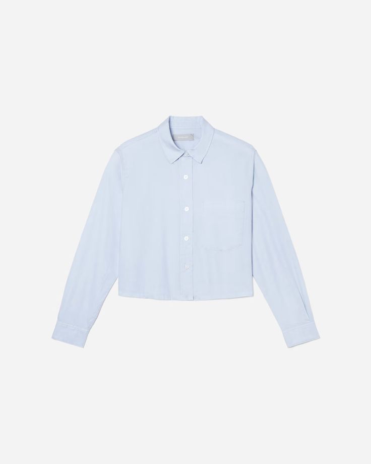 The Silky Cotton Way-Short Shirt Chambray Blue – Everlane Classic Cropped Button-up Shirt With Button Cuffs, Classic Cropped Shirt For Daywear, Modern Button-up Shirt With Welt Pockets, Modern Button-up Shirt For Daywear, Cotton Cropped Shirt With Pockets And Long Sleeves, Modern Collared Shirt For Daywear, Classic Long Sleeve Cropped Shirt For Work, Classic Long Sleeve Cropped Shirt For Daywear, Classic Spring Cropped Shirt With Button Cuffs