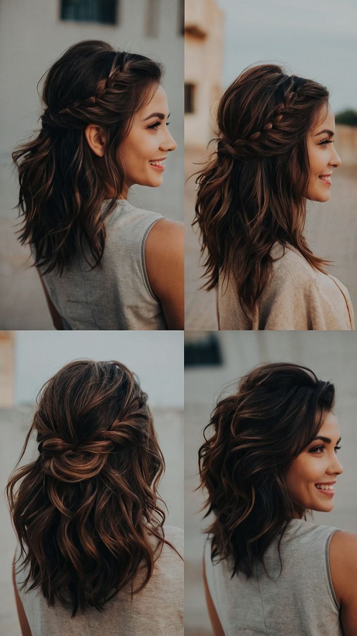 four different pictures of a woman with long hair