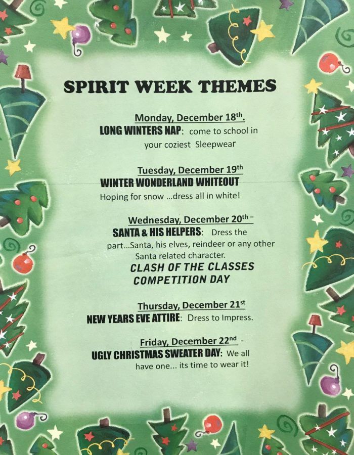 an advertisement for the spirit week theme is shown in green and white colors with christmas trees on it