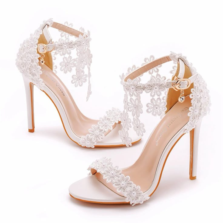 Details: Style: elegant Embellishment: lace, Appliques , tassels Heels Type: Stiletto Heel height: 10.5cm/8cm Closure Type: one-strap buckle Toe: Open Toe Upper Material: PU Leather Sole Material: Rubber Lining Material: PU Leather Summer Shoes Wedges, Heels Patterns, Dance Heels, Heels Silver, White Wedding Shoes, White Sandals Heels, Roman Sandals, Elegant High Heels, Types Of Heels