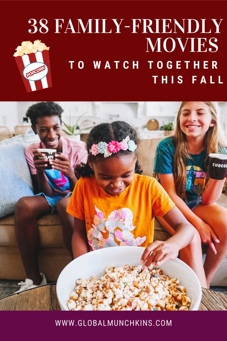 three children are sitting on the couch and watching tv together with text overlay that reads, 38 family - friendly movies to watch together this fall