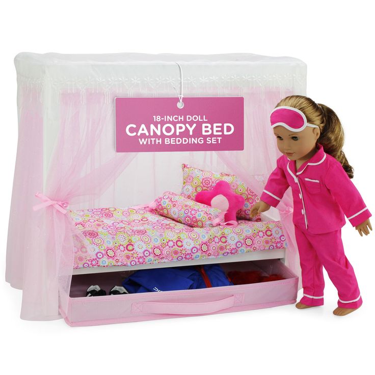 a doll is standing in front of a canopy bed with pink sheets and pillows on it