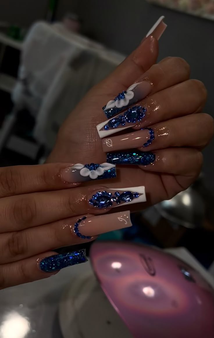 Royal Blue Prom Nails, Sweet 16 Nails, Blue Prom Nails, Royal Blue Quince, Quince Nails, Blue And Silver Nails, Quinceanera Nails, Royal Blue Nails, Dark Blue Nails