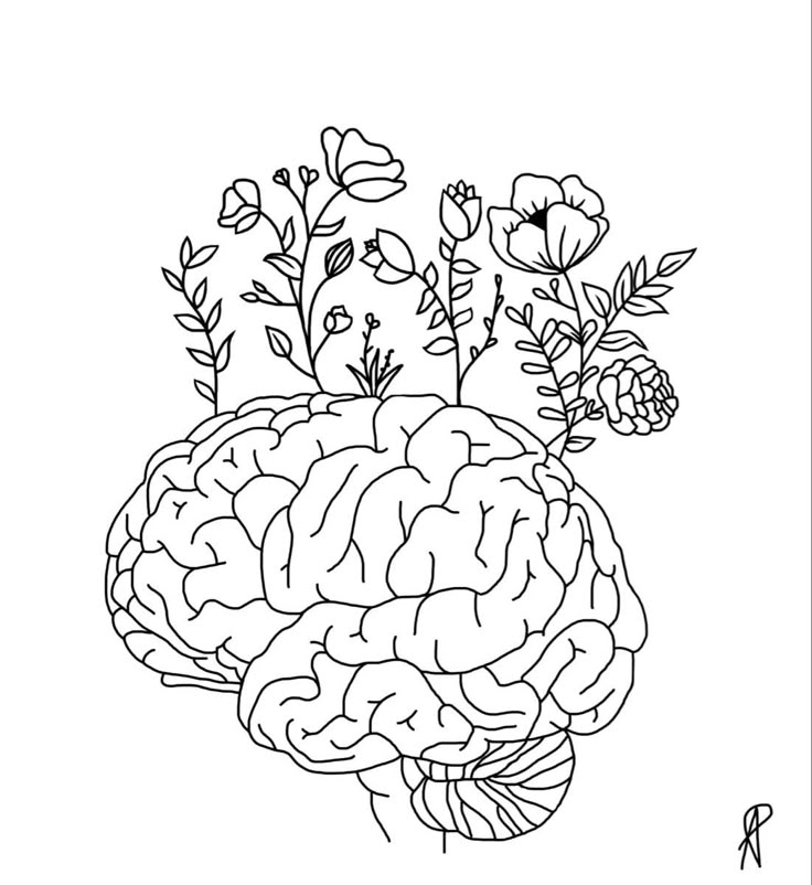 flower brain tattoo #tattooideas #smalltattoos #tattooideasfemale Brain Drawing With Flowers, Aesthetic Brain Drawing, Flower Brain Drawing, Cognitive Psychology Art, Brain And Flowers Drawing, Brain Outline Drawing, Half Brain Tattoo With Flowers, Flowers Growing Drawing, Coloring Pages Mental Health