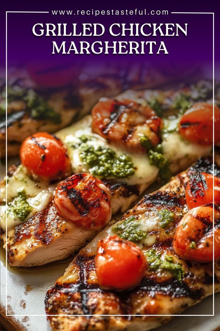 This Grilled Chicken Margherita recipe features juicy chicken breasts topped with melted mozzarella, pesto, and a fresh tomato basil garnish. Perfect for a healthy and delicious meal! Grilled Chicken Margarita Recipe, Olive Garden Chicken Margherita Recipe, Grilled Chicken Margherita, Grilled Chicken Pesto, Garlic Basil Chicken, Pesto Mozzarella Chicken, Margherita Recipe, Chicken Margherita, Grilled Chicken Breast Recipes