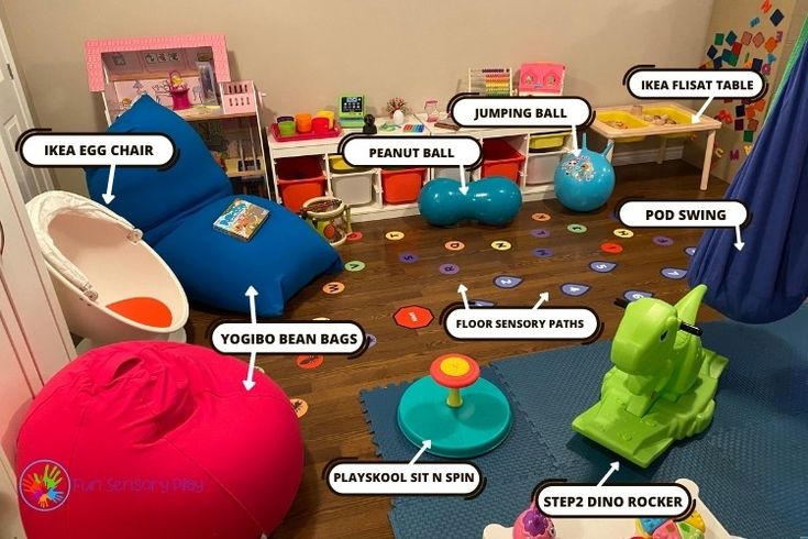 the inside of a child's playroom with toys and accessories on the floor