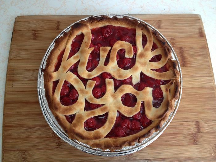 a pie sitting on top of a wooden table