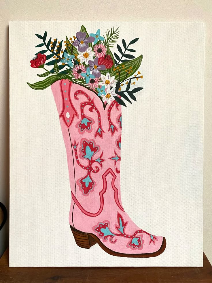 a painting of a pink boot with flowers in it