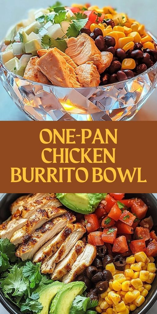 one - pan chicken burrito bowl with avocado, corn, tomatoes, black beans and cilantro