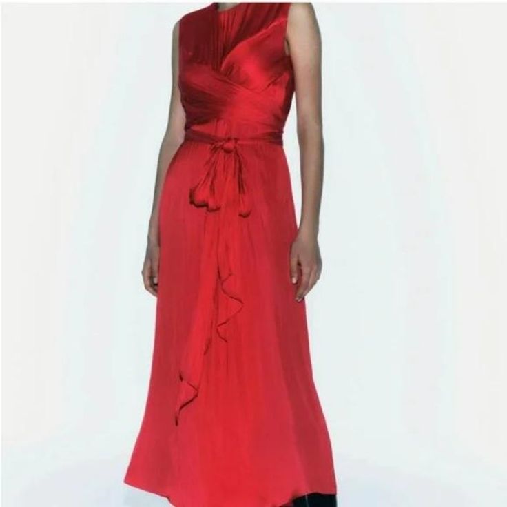 New With Tag Red Silk A-line Midi Dress, Red A-line Ruched Dress, Red Ruched A-line Dress, Red Ruched Maxi Dress For Gala, Chic Silk Maxi Dress By Zara, Red Silk Midi Dress For Gala, Chic Zara Silk Maxi Dress, Red Sleeveless Ruched Maxi Dress, Chic Red Maxi Dress For Formal Occasions