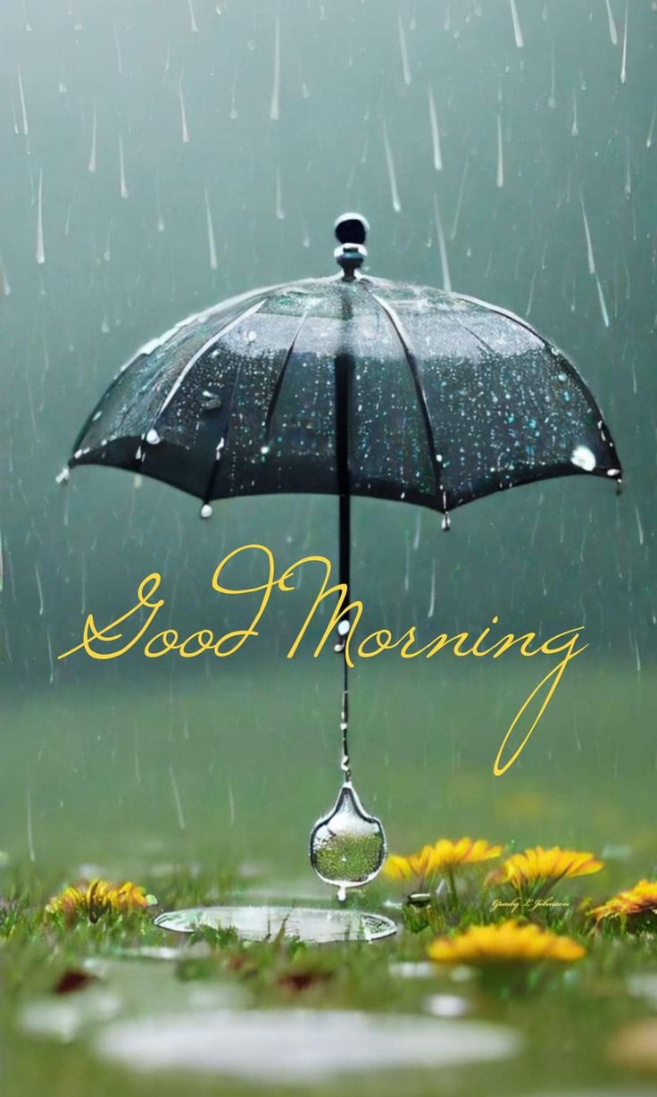 an open umbrella with the words good morning written on it and rain drops falling down