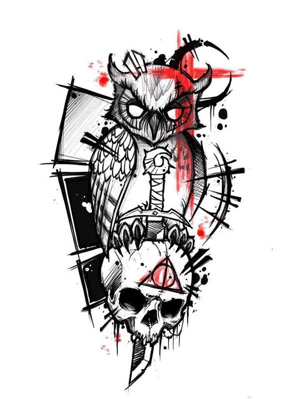 an owl and skull tattoo design on a white background