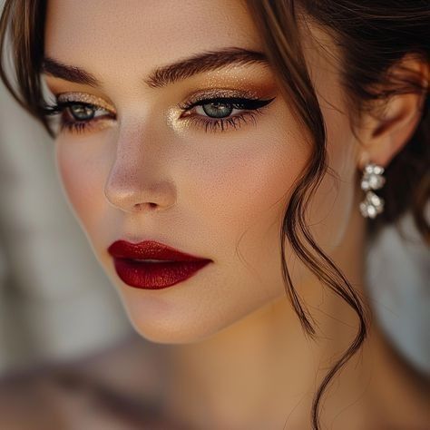 Bridal Dramatic Makeup, Makeup Cocktail Party, Wedding Makeup Bold Lip The Bride, Wedding Dramatic Makeup, Funky Bridal Makeup, 1920s Wedding Makeup, Winter Wedding Makeup Looks, Wedding Makeup Red Lipstick, Smoky Wedding Makeup